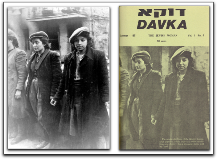 Hehalutz women captured with weapons; used on the cover of Davka, Vol. 1, No. 4, Summer 1971 'The Jewish Woman'