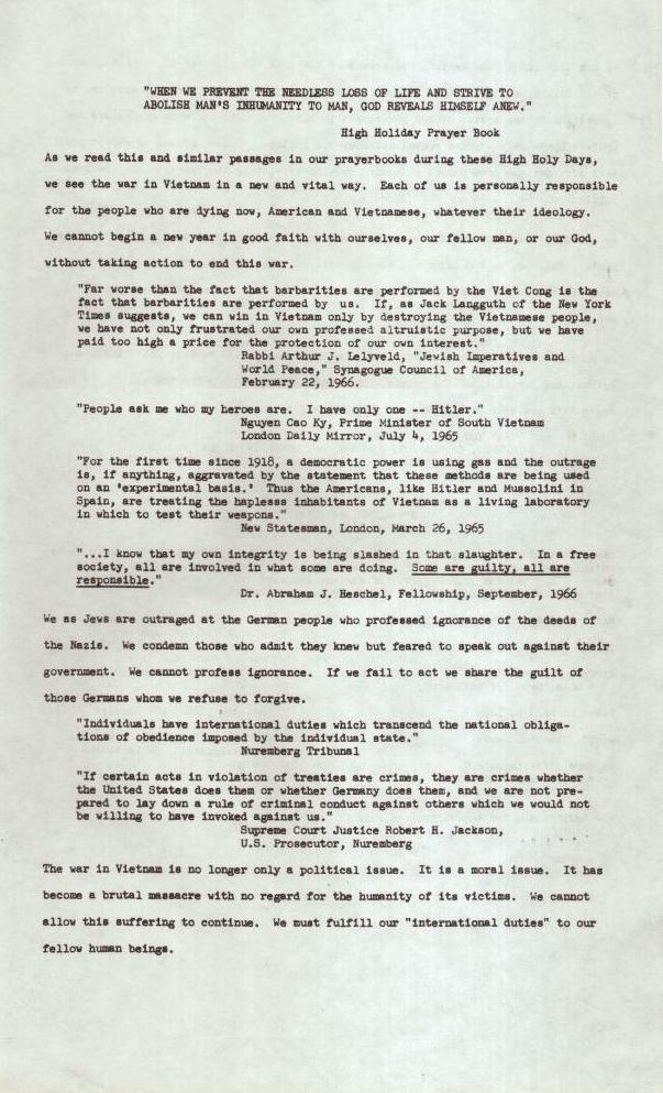The Hurvitz Family's Yom Kippur Leaflet calling for an end to the war in Vietnam (1966)